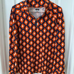 Muskie Orange and Navy Patterned Quarter-Zip Pullover